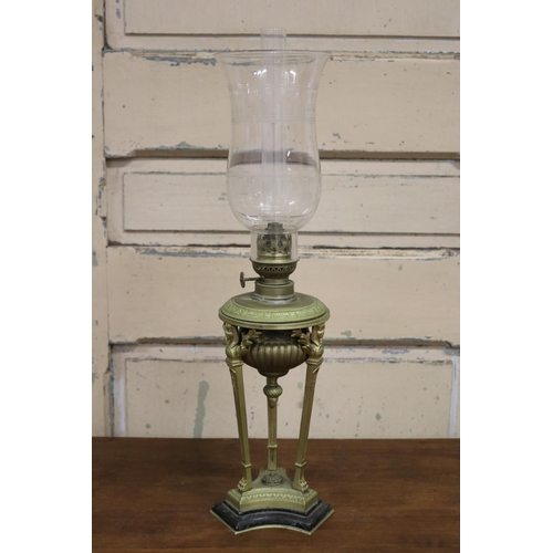 77 - Antique French tri form based oil lamp, approx 54cm H