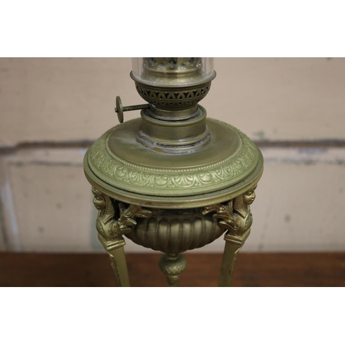 77 - Antique French tri form based oil lamp, approx 54cm H