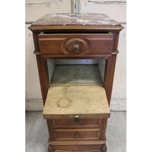 89 - Antique French Henri II marble topped nightstand, with commode cabinet & multi drawers, approx 93cm ... 