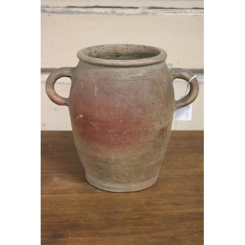 165 - Antique French stoneware twin handled pot, approx 22cm H