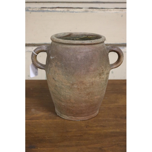 165 - Antique French stoneware twin handled pot, approx 22cm H