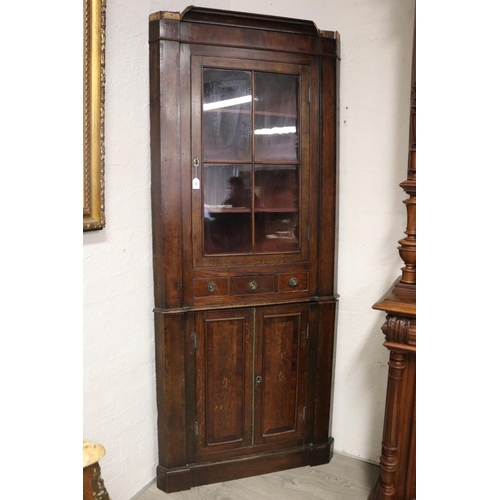 61 - Antique English George III oak two height corner cabinet with upper glazed door, drawer on a two doo... 