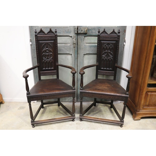 314 - Pair of antique French Gothic high back hall armchairs (Caquetoires), each approx 125cm H x 65cm W (... 