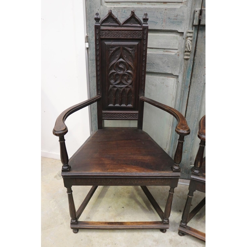 314 - Pair of antique French Gothic high back hall armchairs (Caquetoires), each approx 125cm H x 65cm W (... 