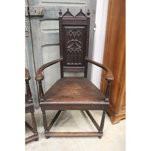 314 - Pair of antique French Gothic high back hall armchairs (Caquetoires), each approx 125cm H x 65cm W (... 