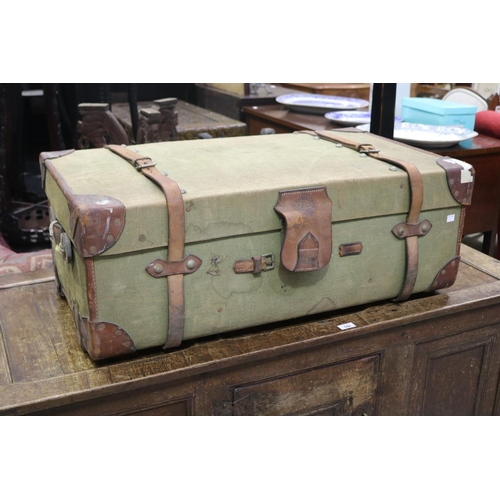 573 - Vintage / antique canvas and leather trunk, approx 34cm H x 91cm W x 53cm D