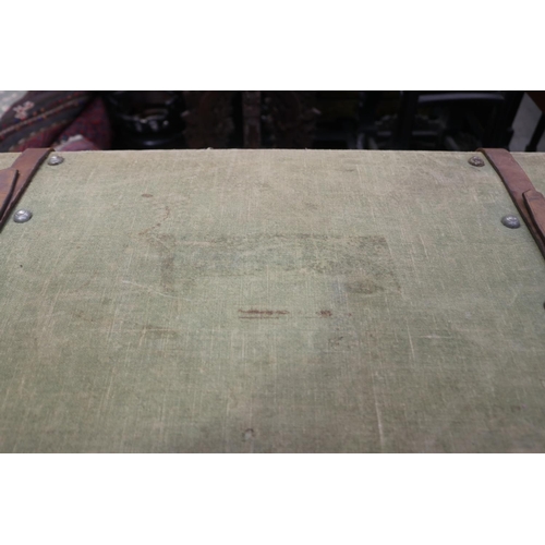 573 - Vintage / antique canvas and leather trunk, approx 34cm H x 91cm W x 53cm D
