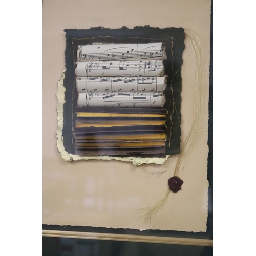 540 - Unknown, mixed media, rolled music sheets, shadow framed, approx 28cm x 20cm