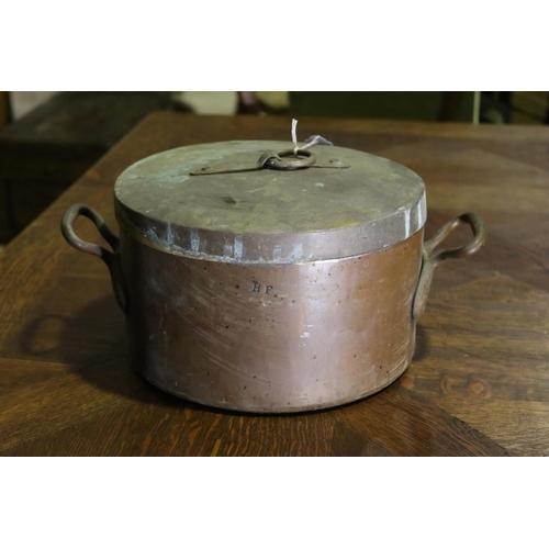 566 - Antique French lidded pot (lid doesn't sit properly), approx 17cm H x 26cm Dia (excluding handles)