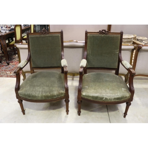 579 - Pair of antique French Louis XVI style armchairs, each approx 98cm H x 63cm W (2)