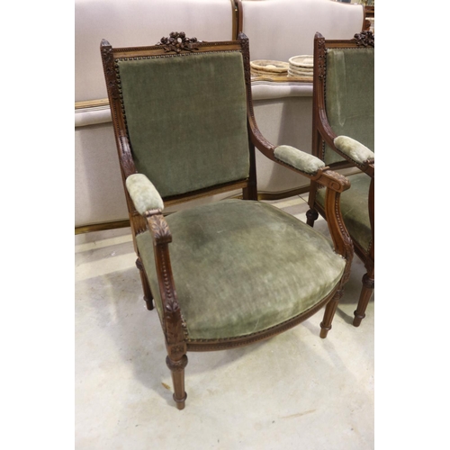 579 - Pair of antique French Louis XVI style armchairs, each approx 98cm H x 63cm W (2)