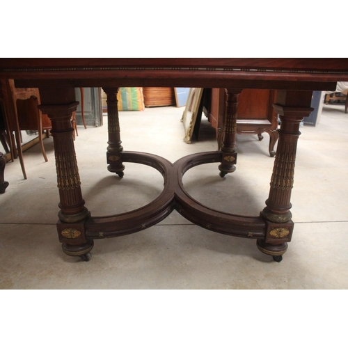 581 - Antique French Louis XVI style table with X frame stretcher, approx 75cm H x 144cm W x 130cm D