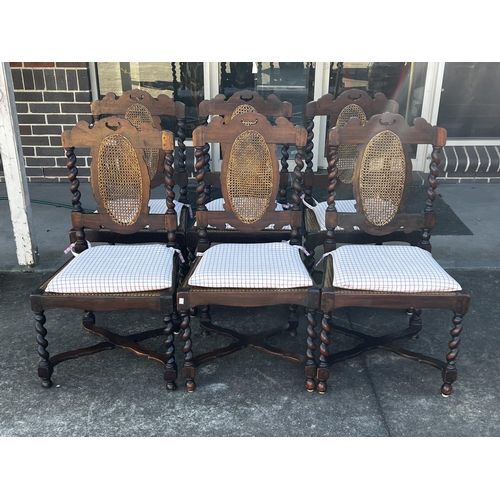 585 - Set of six English 17th century English barley twist dining chairs, with caned backs and seats, each... 