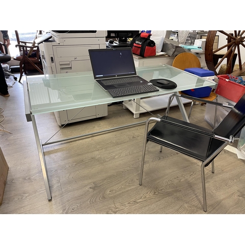 586 - Modern frosted glass topped desk and stitched black leather chrome frame office armchair, desk appro... 