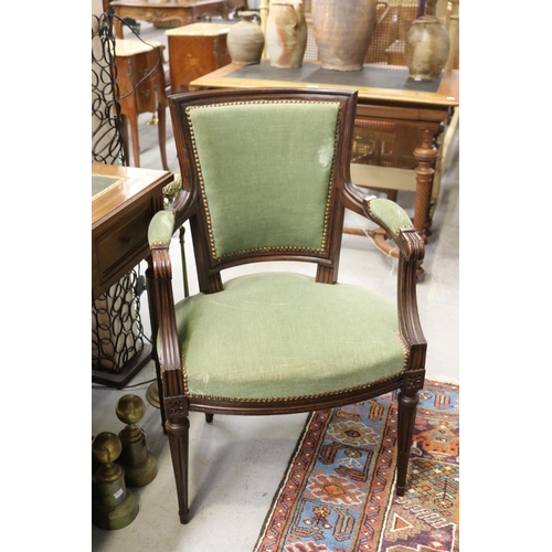 587 - French green leather topped desk and armchair, desk approx 75cm H x 120cm W x 70cm D (2)