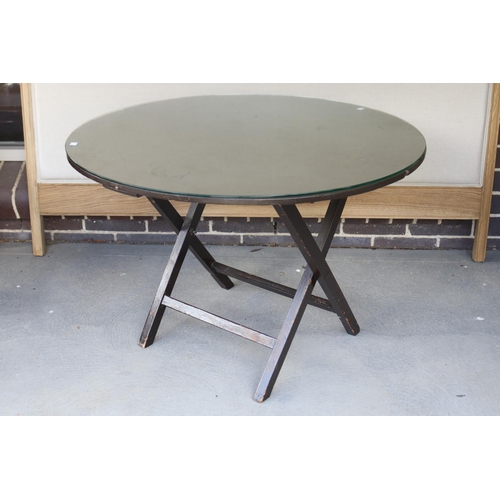 591 - Antique English demi lune folding coaching table, with painted finish, and glass top, approx 60cm H ... 