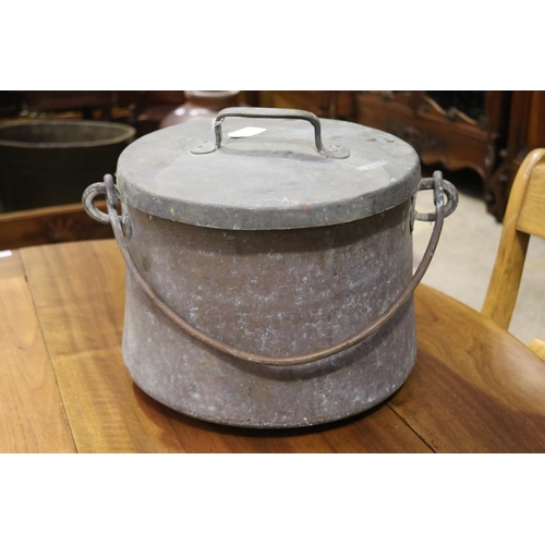 477 - Large antique French lidded pot, with swing handle, approx 28cm H excluding handles x 320cm Dia