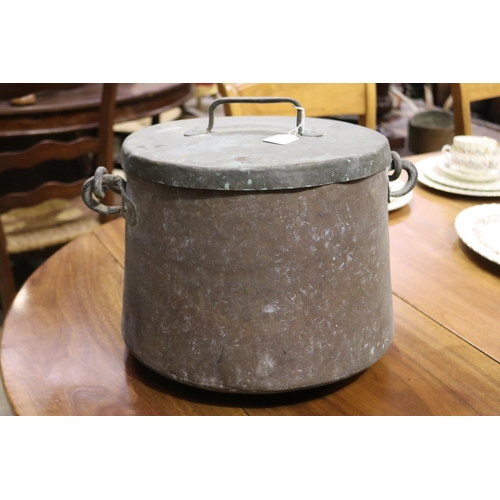 477 - Large antique French lidded pot, with swing handle, approx 28cm H excluding handles x 320cm Dia