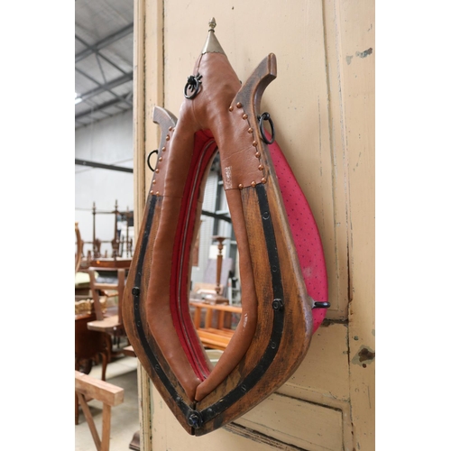 622 - French horse collar converted into a mirror, with leather surround, approx 90cm H x 50cm W