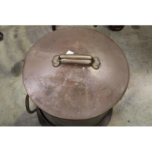 625 - Large antique French copper lidded pot with twin handled base, approx 52cm H x 50cm Dia (2)