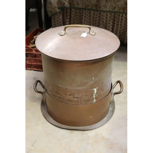 625 - Large antique French copper lidded pot with twin handled base, approx 52cm H x 50cm Dia (2)