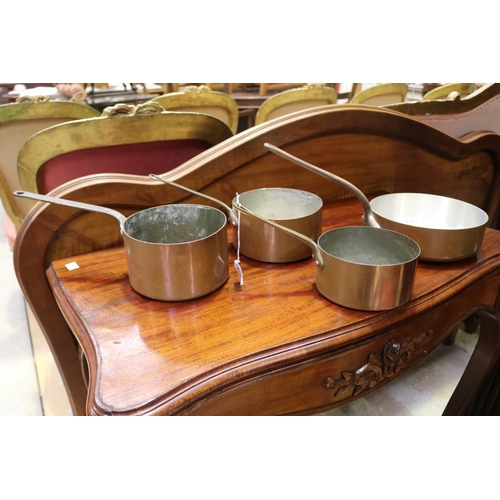 476 - Four French copper saucepans, various sizes and handles, approx 20cm Dia and smaller (4)