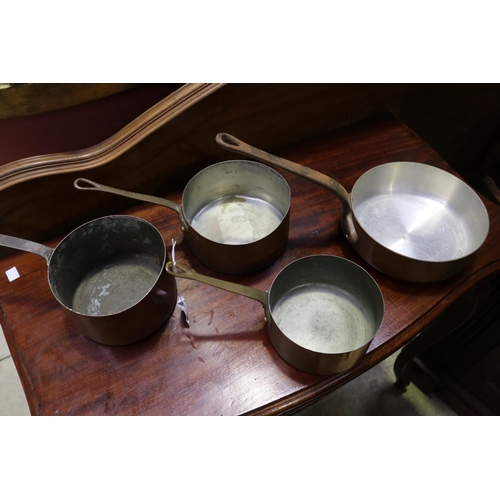 476 - Four French copper saucepans, various sizes and handles, approx 20cm Dia and smaller (4)