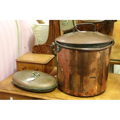 479 - Large antique French copper lidded pot and oval copper ring handled bed warmer, approx 32cm H exclud... 