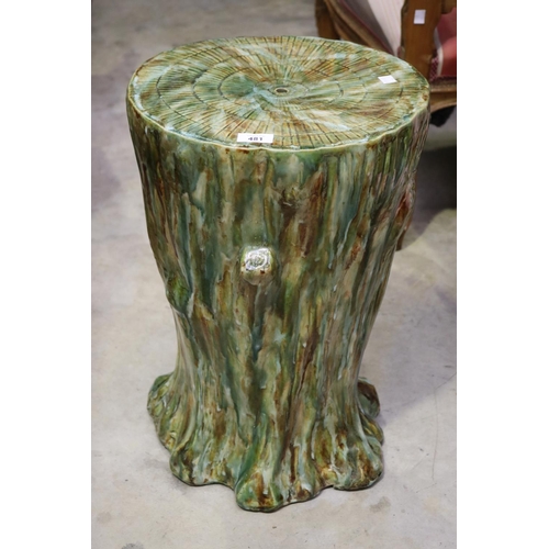 481 - Rare Australian pottery green glazed tree stump garden stool, approx 54cm H x 36cm Dia (See near ide... 