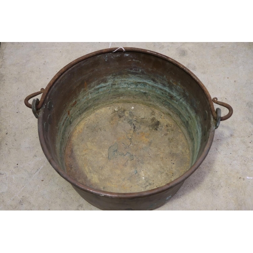 483 - Antique French swing handle preserving pan, approx 18cm H excluding handle x 33cm Dia