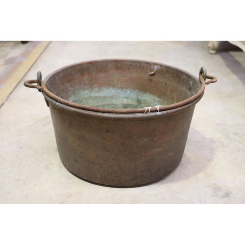 483 - Antique French swing handle preserving pan, approx 18cm H excluding handle x 33cm Dia