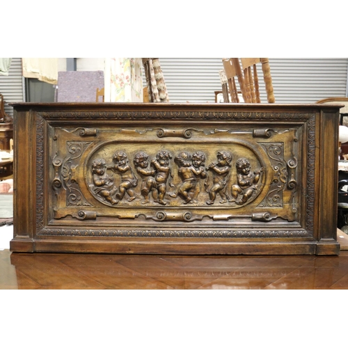 611 - RETURNED 23/7/24 - Well carved antique walnut and pine carved panel in high relief, depicting eight ... 