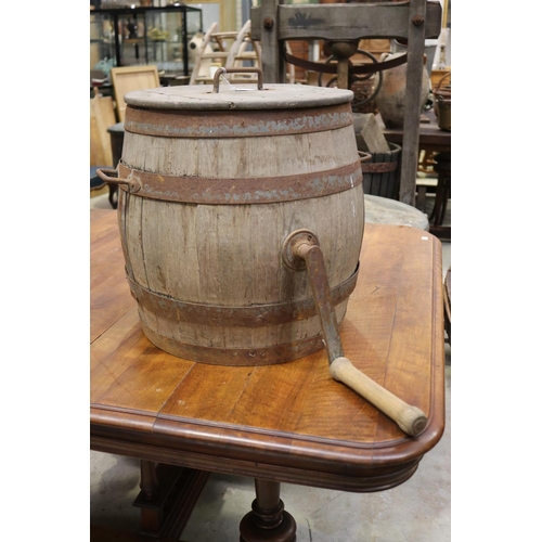 617 - Antique French rustic butter churn barrel with metal strapping, approx 46cm H 44cm Dia (excluding ha... 