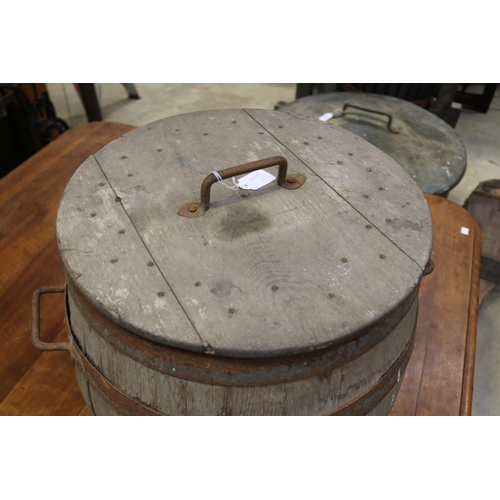 617 - Antique French rustic butter churn barrel with metal strapping, approx 46cm H 44cm Dia (excluding ha... 