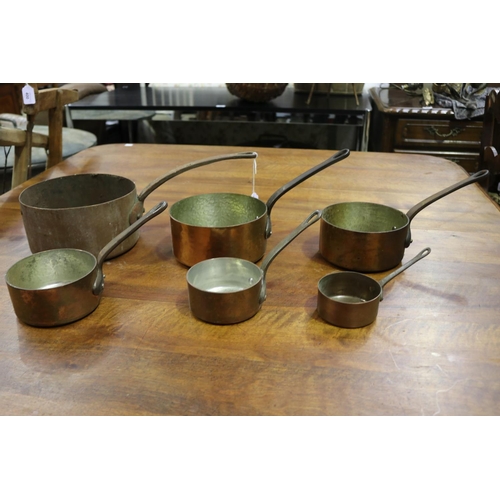 619 - Set of six French copper and iron handle saucepans, approx 20cm Dia and smaller (6)