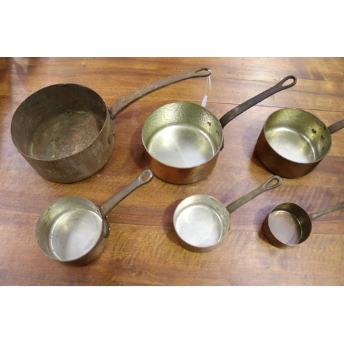 619 - Set of six French copper and iron handle saucepans, approx 20cm Dia and smaller (6)