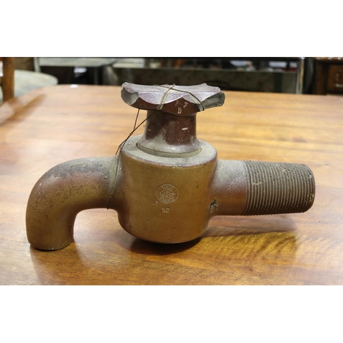 621 - Large antique French salt glazed pottery vat tap, approx 42cm L