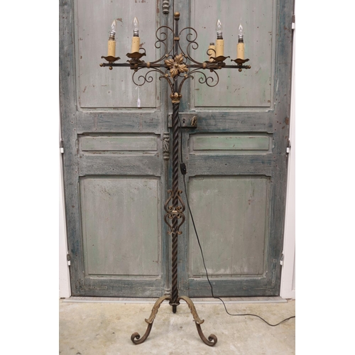 109 - French wrought iron six light floor lamp, approx 178cm H x 80cm W