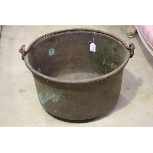 572 - Large antique French copper preserving pan with swing handle, approx 24cm H (excluding handles) x 43... 