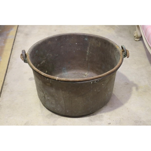 572 - Large antique French copper preserving pan with swing handle, approx 24cm H (excluding handles) x 43... 