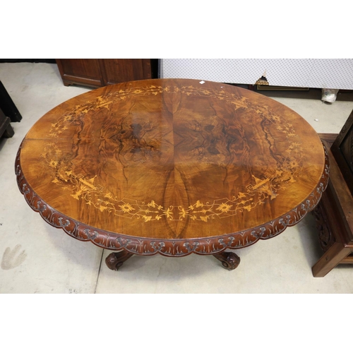 606 - Antique Victorian burr walnut loo table, with carved edge, approx 72cm H x 118cm W x 88cm D