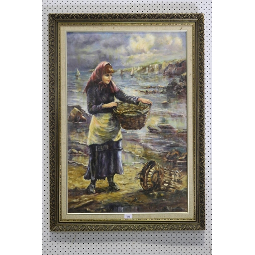 546 - Unknown, European fisher woman, oil on canvas, signed lower right, approx 90cm x 59cm