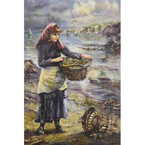 546 - Unknown, European fisher woman, oil on canvas, signed lower right, approx 90cm x 59cm