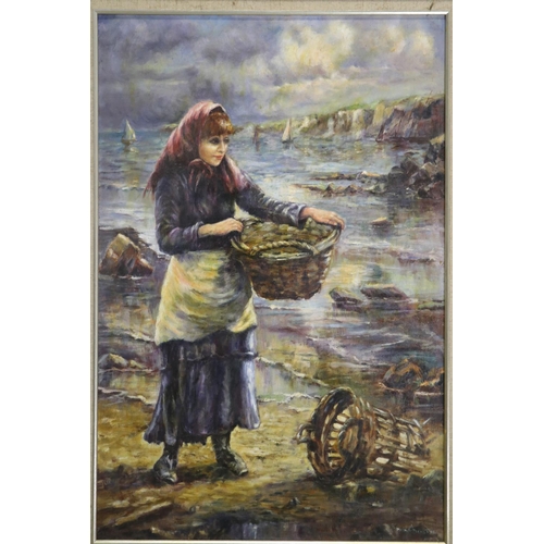 546 - Unknown, European fisher woman, oil on canvas, signed lower right, approx 90cm x 59cm