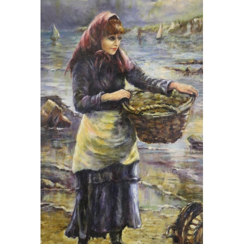 546 - Unknown, European fisher woman, oil on canvas, signed lower right, approx 90cm x 59cm