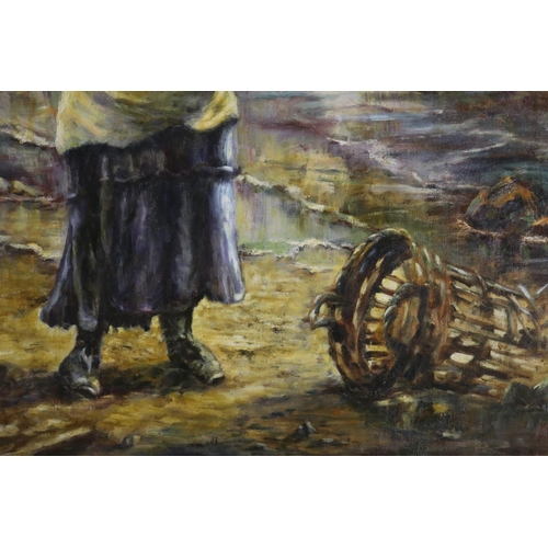 546 - Unknown, European fisher woman, oil on canvas, signed lower right, approx 90cm x 59cm