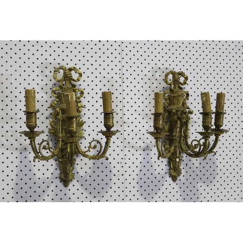 613 - Fine pair of antique French three light appliques, ribbon and quiver backs, each approx 37cm H x 29c... 