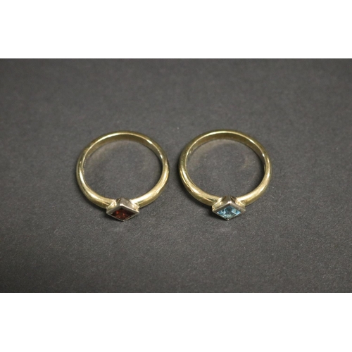 277 - Two 9ct gold rings set with diamond shaped stones, size Q, approx 6gms (2)