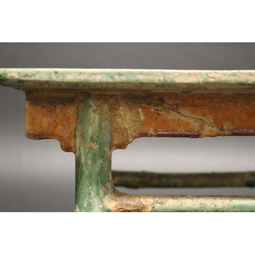 516 - Two Chinese tang style sancai glazed pottery funerary tables, each approx 16cm H x 31cm W x 18cm D  ... 