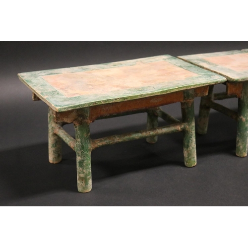 516 - Two Chinese tang style sancai glazed pottery funerary tables, each approx 16cm H x 31cm W x 18cm D  ... 